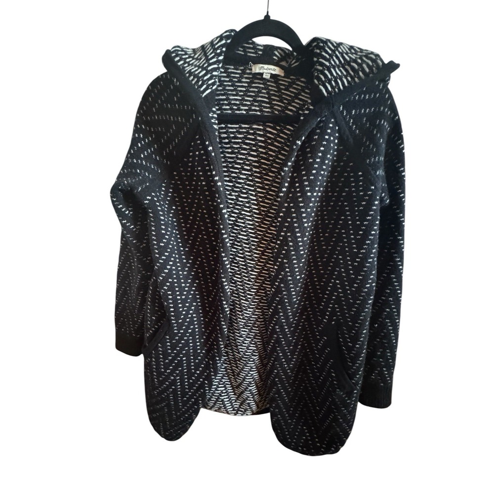 Madewell Merino Wool Long Hooded Knit Cardigan Size XS Black White *Missing Belt
